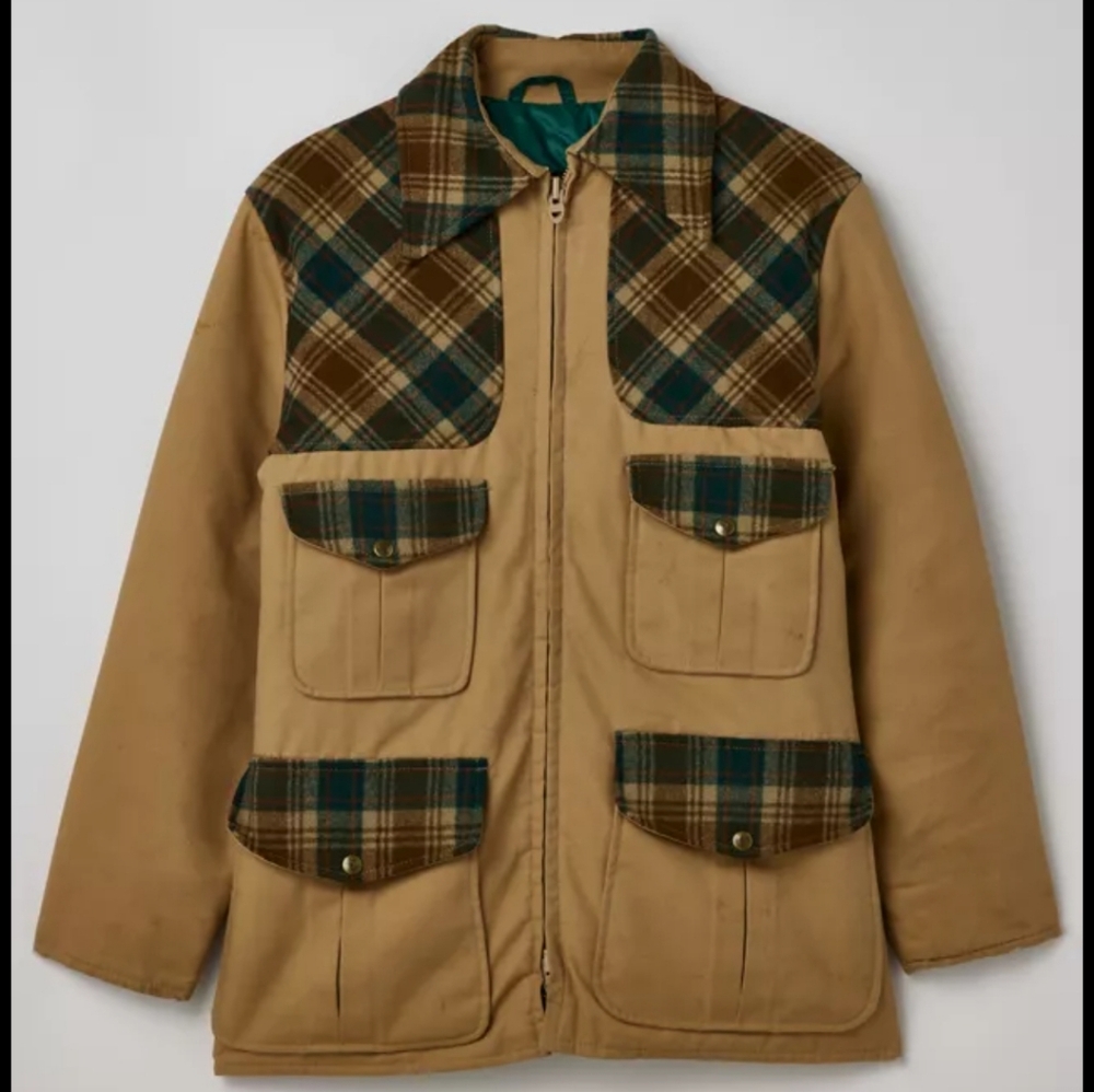 Vintage Eddie Bauer Goose Down Hunting Jacket Wool Plaid Yoke Canvas Field Coat